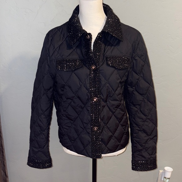 Black Puffer Jacket with Quilted Design and Collared Neckline - Picture 1 of 8